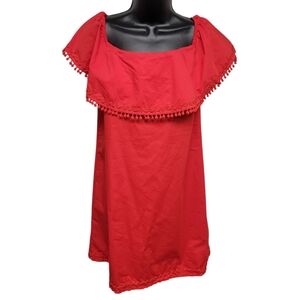 💋Sugar+lips Red Off Shoulder Pom~Pom~Trim Ruffle Dress X~Small